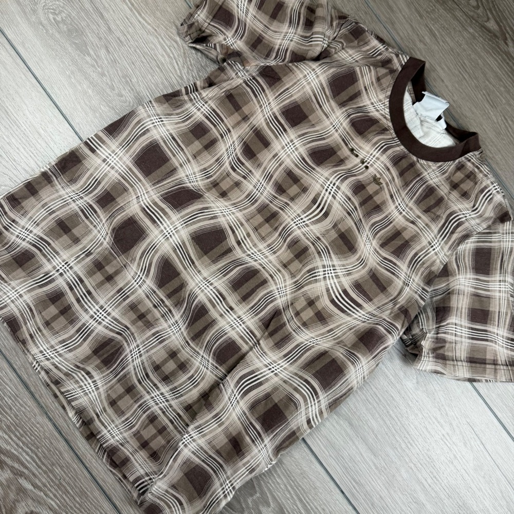 Adidas Mens T-Shirt All Over Plaid Print Brown Small